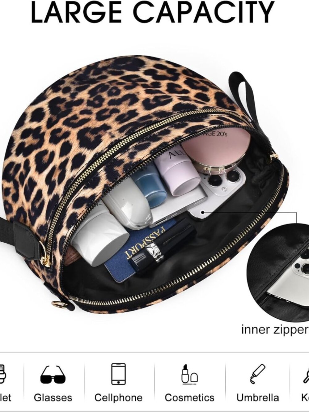 Women's Leopard Bum Bag Spacious Nylon Checkered Shoulder Crossbody Bag - Picture 5 of 6